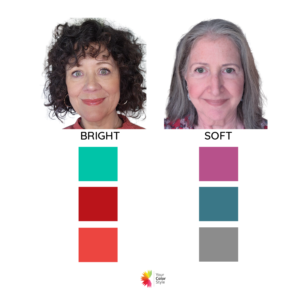 Side-by-side comparison of bright and soft color types showing how chroma, or color intensity, influences which hues are most flattering in personal color analysis.