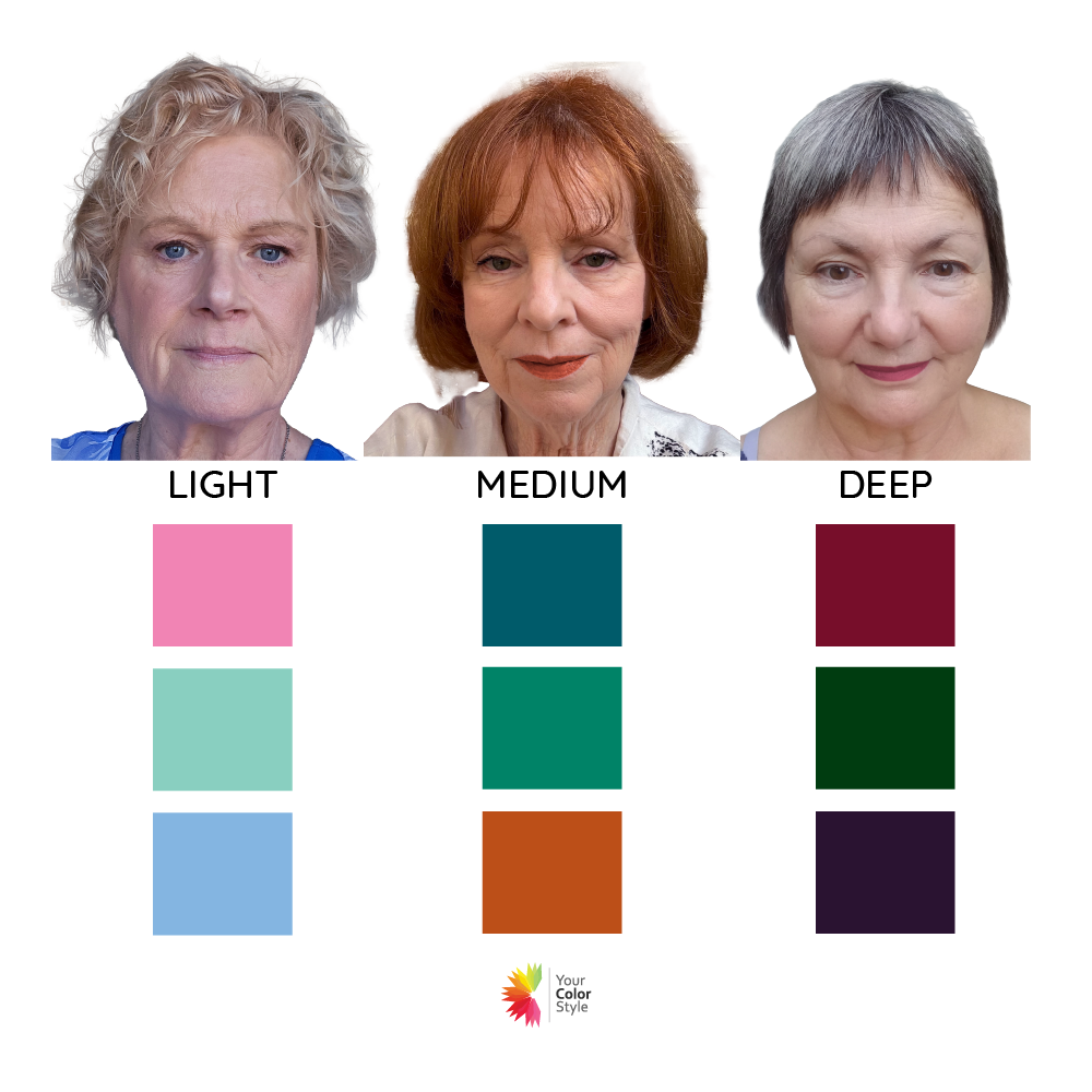 Three women representing light, medium, and deep color depth, each shown with coordinating color swatches to illustrate how depth affects personal color palettes.