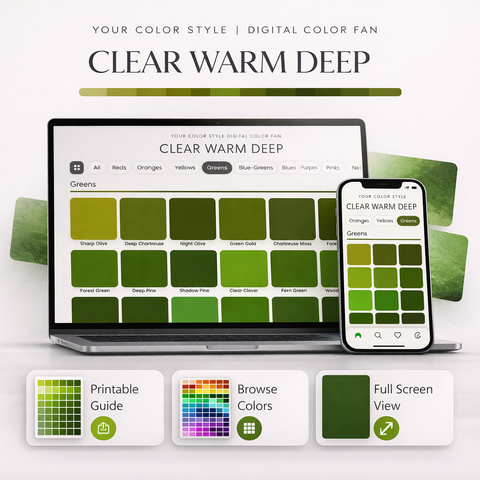 Clear Warm Deep digital color palette by Your Color Style app showing categorized color swatches on mobile and desktop