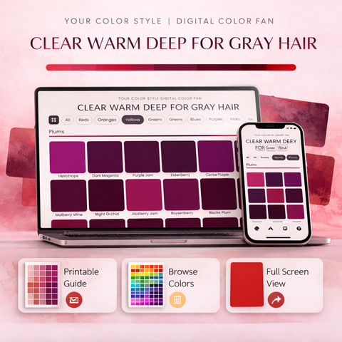 Clear Warm Deep digital color palette for gray hair by Your Color Style showing rich warm color swatches