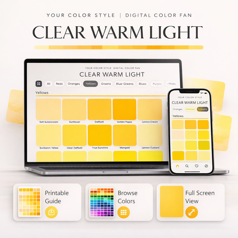 Clear Warm Light digital color palette by Your Color Style app showing categorized color swatches on mobile and desktop
