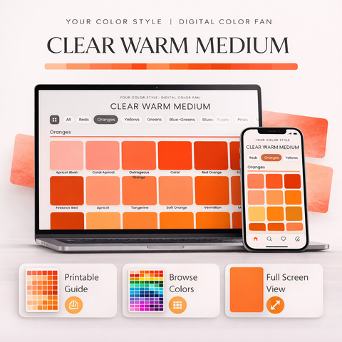 Clear Warm Medium digital color palette by Your Color Style app showing categorized color swatches on mobile and desktop