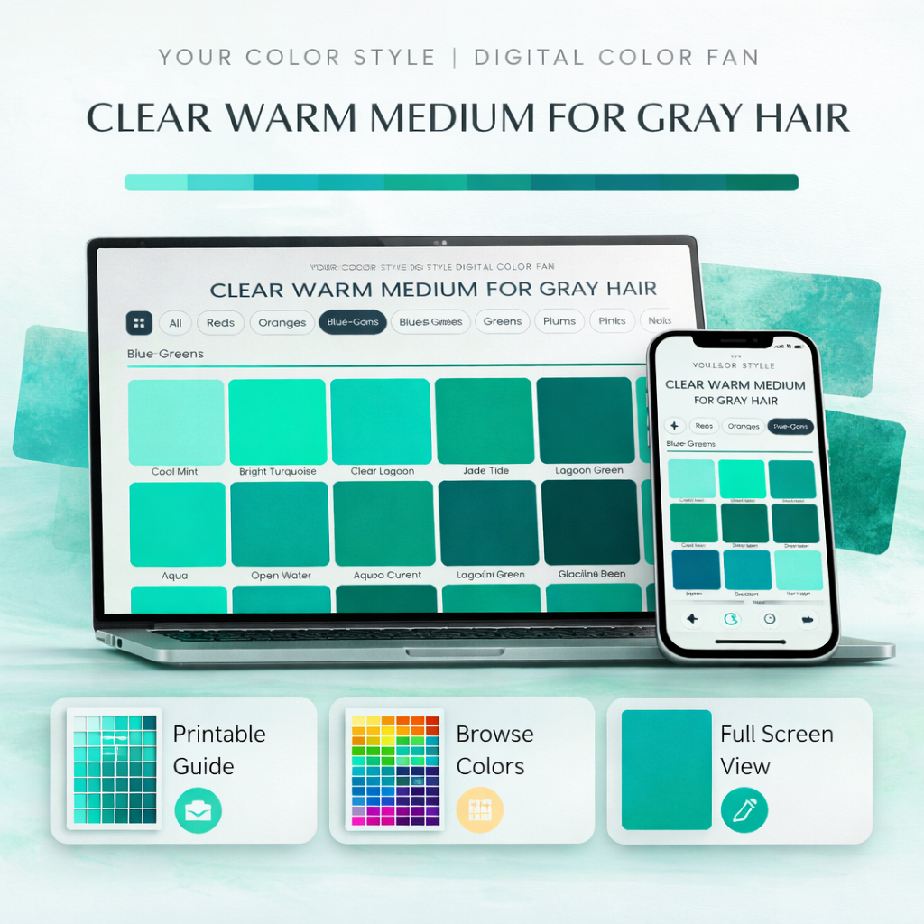 Clear Warm Medium digital color palette for gray hair by Your Color Style with balanced warm color swatches